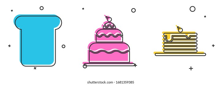 Set Bread toast, Cake  and Stack of pancakes  icon. Vector