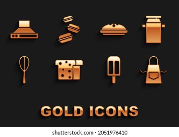 Set Bread toast, Can container for milk, Kitchen apron, Ice cream, whisk, Homemade pie, extractor fan and Macaron cookie icon. Vector