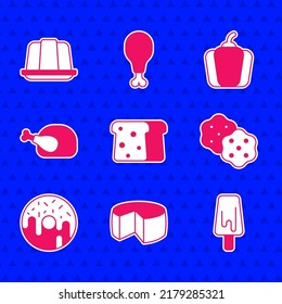 Set Bread toast, Cheese, Ice cream, Cracker biscuit, Donut, Roasted turkey or chicken, Bell pepper and Jelly cake icon. Vector
