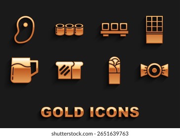 Set Bread toast, Chocolate bar, Candy, Doner kebab, Wooden beer mug, Sushi cutting board, Steak meat and  icon. Vector