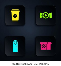 Set Bread toast, Coffee cup go, Doner kebab and Candy. Black square button. Vector