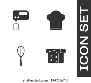 Set Bread toast, Electric mixer, Kitchen whisk and Chef hat icon. Vector