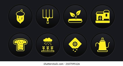 Set Bread toast, Farm house, Plant sprouts grow in the rain, Pack full of seeds of plant, Sprout, Garden pitchfork, Watering can and Acorn, oak nut, icon. Vector
