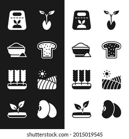 Set Bread toast, Flour bowl, Pack full of seeds of plant, Sprout, Wheat, Agriculture wheat field, Beans and  icon. Vector