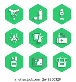 Set Bread toast, Folded map, Hiking backpack, First aid kit, Lighter, Mosquito, Wine glass and Sausage on the fork icon. Vector