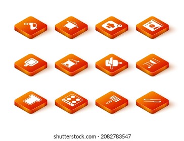 Set Bread toast, Gas stove, Cutting board, Manual coffee grinder, Barbecue steel grid, and knife, Food chopsticks and grill icon. Vector