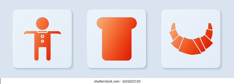 Set Bread toast, Holiday gingerbread man cookie  and Croissant . White square button. Vector