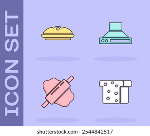 Set Bread toast, Homemade pie, Rolling pin on dough and Kitchen extractor fan icon. Vector