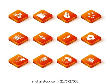 Set Bread toast, Ice cream, in bowl, Candy, Donut, Knife, Pudding custard and Scrambled eggs icon. Vector