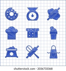 Set Bread toast, Kitchen whisk and rolling pin, apron, Ice cream, Bag of flour, Chef hat, Rolling dough and Donut icon. Vector