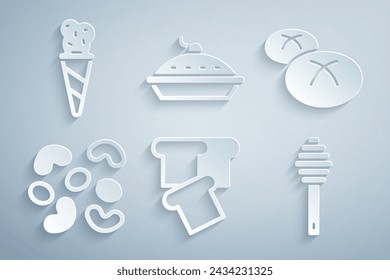 Set Bread toast, loaf, Jelly candy, Honey dipper stick, Homemade pie and Ice cream in waffle cone icon. Vector
