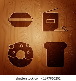 Set Bread toast, Macaron cookie , Donut with sweet glaze  and Flour pack  on wooden background. Vector