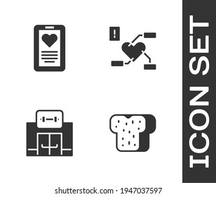 Set Bread toast, Medical clipboard, Gym building and Attention health heart icon. Vector