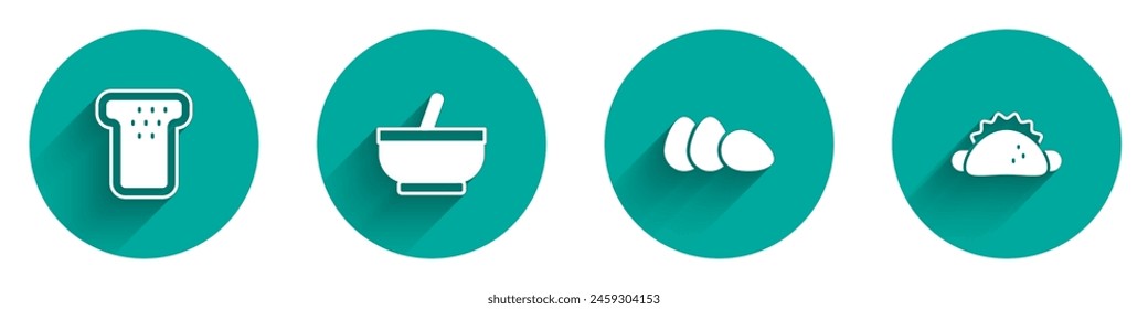 Set Bread toast, Mortar and pestle, Chicken egg and Taco with tortilla icon with long shadow. Vector
