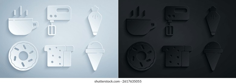 Set Bread toast, Pastry bag, Donut, Ice cream in waffle cone, Electric mixer and Coffee cup icon. Vector