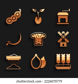 Set Bread toast, Pumpkin seeds, Wheat, Windmill, Sifting flour, Sickle, Manual coffee grinder and Green peas icon. Vector