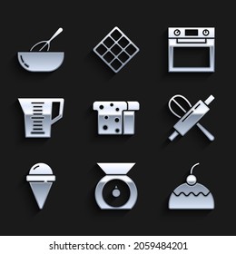 Set Bread toast, Scales, Cake, Kitchen whisk and rolling pin, Ice cream waffle cone, Measuring cup, Oven and bowl icon. Vector