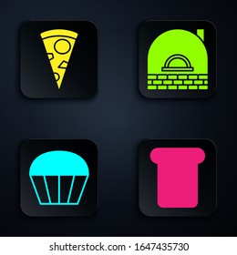 Set Bread toast, Slice of pizza , Muffin  and Brick stove . Black square button. Vector