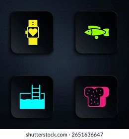 Set Bread toast, Smart watch, Swimming pool with ladder and Fish. Black square button. Vector