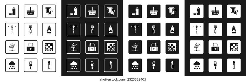 Set Bread toast, Spatula, Wine corkscrew, Thermos container, Sauce bottle, Picnic basket, Checkered napkin and Road traffic sign icon. Vector