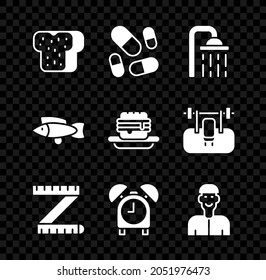 Set Bread Toast, Vitamin Pill, Shower Head, Tape Measure, Alarm Clock, Positive Thinking, Fish And Junk Food Icon. Vector