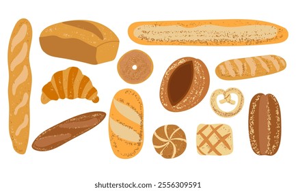 A set of bread and various bakery products. Baguette, ciabatta, loaf, rye bread, buns, bagel