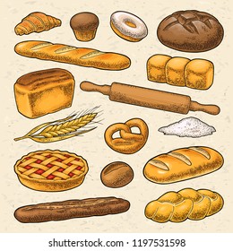 Set bread. Vector color hand drawn vintage engraving illustration for poster, label and menu bakery shop. Isolated on the texture craft paper