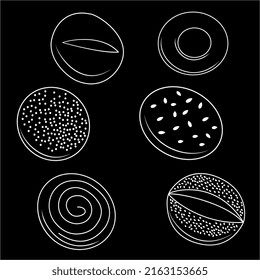 A set of bread. Vector drawing of bun, bun with poppy seeds, cereals.