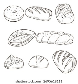 Conjunto de ilustração do vetor do pão na arte da linha desenhado à mão para a campanha publicitária da padaria. isolado no fundo branco