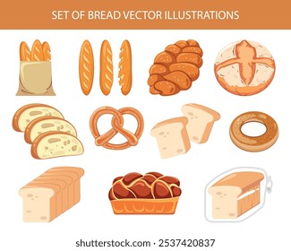 Conjunto de Ilustraciones vectoriales de pan, iconos de pasteles de dibujos animados, baguette, challah, masa madre, ciabatta, pretzel, pan blanco, bagel, brioche