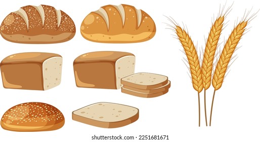 Set of bread and wheat illustration