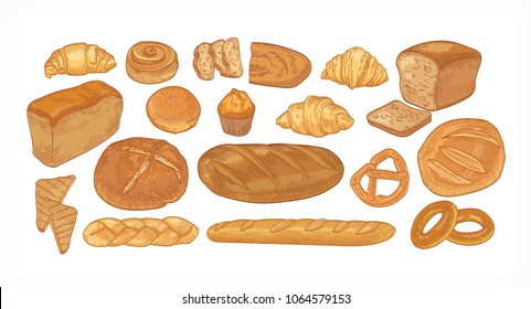 Conjunto de panes y productos horneados de diferentes tipos, formas y tamaños aislados en fondo blanco - pan, bollos, cruasán, tostadas, muffin, pretzel. Ilustración vectorial dibujada a mano en estilo vintage