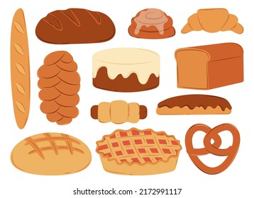 Set of breads. Bakery pastry products vector flat Illustration.
