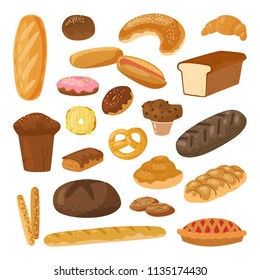 Set of breads cartoon. Whole grain, wheat bread, muffin, ciabatta, croissant, bagel, baguette. Hand drawing vector illustration on background for poster, card, print, badge, packaging, menu bakery