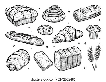 Set Brotsammlung. Backwaren, handgezeichnet, einzeln auf Weiß