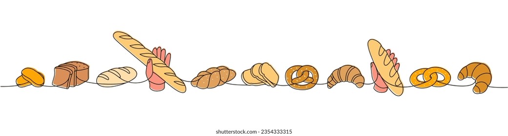 Set of breads one line colored continuous drawing. Wheat bread, pretzel, ciabatta, croissant, braided bread, baguette continuous one line illustration