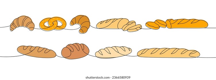 Set of breads one line colored continuous drawing. Whole grain, wheat bread, pretzel, ciabatta, croissant, bagel, baguette one line illustration.