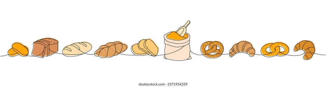 Set of breads one line colored continuous drawing. Whole grain and wheat bread, pretzel, ciabatta, croissant, bagel continuous one line illustration