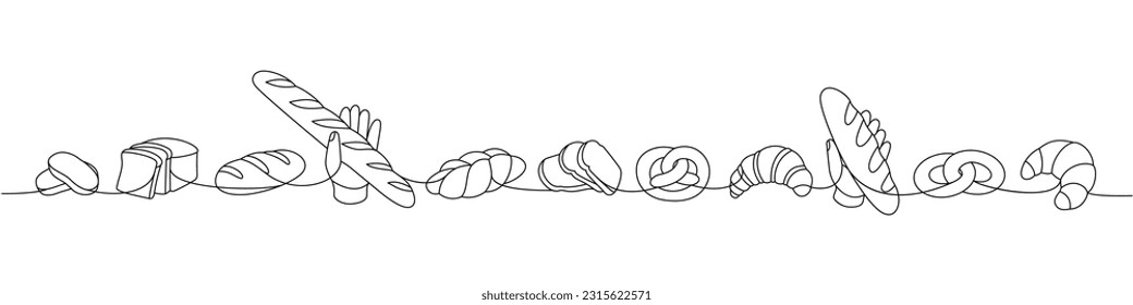 Set of breads one line continuous drawing. Wheat bread, pretzel, ciabatta, croissant, braided bread, french baguette continuous one line illustration.