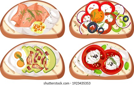 Set of breads with topping isolated illustration