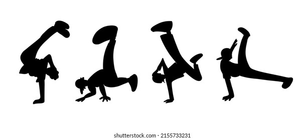 A set of break dancers silhouettes. Collection of b-boy freestylers performing stunts. Flare move, boomerang move, handstand move, kick move. Flat style vector design illustrations.