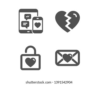 Set of Break up, Social media and Wedding locker icons. Valentine sign. Divorce, Mobile devices, Valentines day. Love letter.  Classic design break up icon. Flat design. Vector