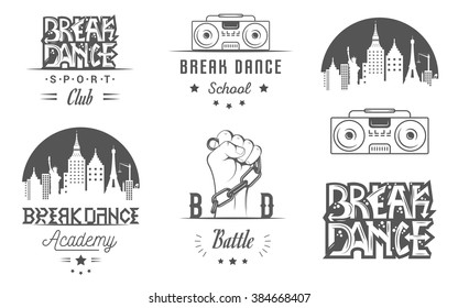 Set of Breakdance Bboy Silhouettes in Different Poses. Collection logo and badges hip-hop school, academy, break dance battle, club, cup and league. Sign Hip-hop, graffiti and street dance.