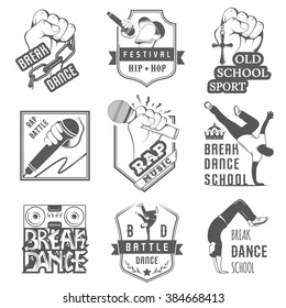 Set of Breakdance Bboy Silhouettes in Different Poses. Collection logo and badges hip-hop school, academy, break dance battle, club, cup and league. Sign Hip-hop, graffiti and street dance.