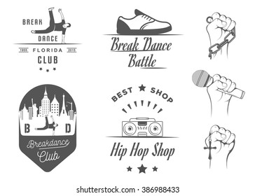 Set of Breakdance Bboy Silhouettes in Different Poses. Collection logo and badges hip-hop school, academy, break dance battle, club, cup and league. Sign Hip-hop, graffiti and street dance.