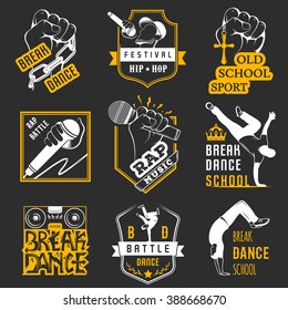 Set of Breakdance Bboy Silhouettes in Different Poses. Collection logo and badges hip-hop school, academy, break dance battle, club, cup and league. Sign Hip-hop, graffiti and street dance. svg