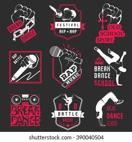 Set of Breakdance Bboy Silhouettes in Different Poses. Collection logo and badges hip-hop school, academy, break dance battle, club, cup and league. Sign Hip-hop, graffiti and street dance.