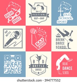 Set of Breakdance Bboy Silhouettes in Different Poses. Collection logo and badges hip-hop school, academy, break dance battle, club, cup and league. Sign Hip-hop, graffiti and street dance.