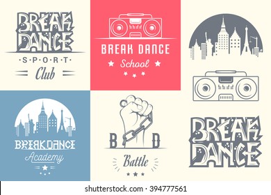 Set of Breakdance Bboy Silhouettes in Different Poses. Collection logo and badges hip-hop school, academy, break dance battle, club, cup and league. Sign Hip-hop, graffiti and street dance.