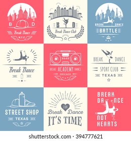 Set of Breakdance Bboy Silhouettes in Different Poses. Collection logo and badges hip-hop school, academy, break dance battle, club, cup and league. Sign Hip-hop, graffiti and street dance.